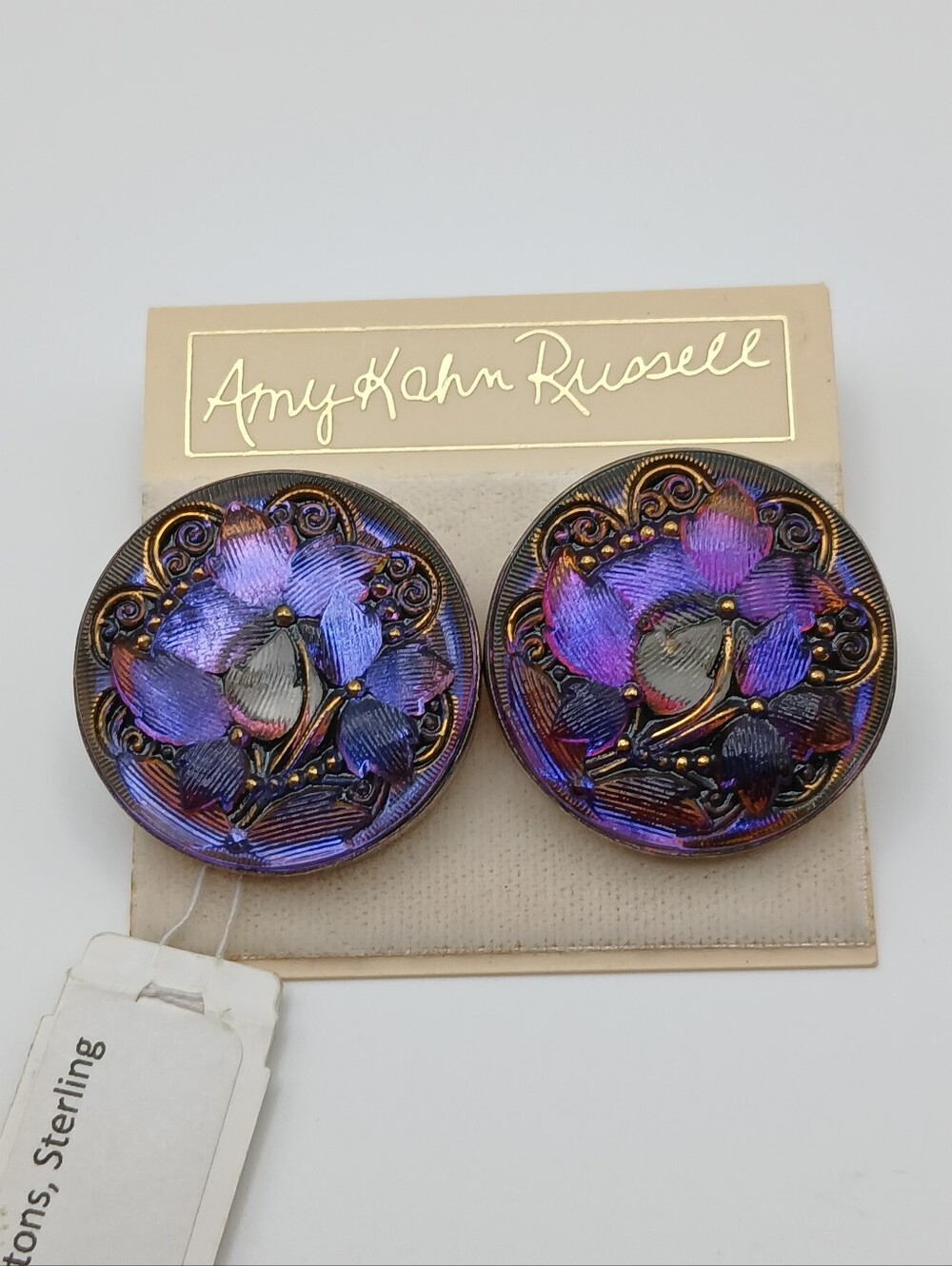 NOS Amy Kahn Russell Vintage Czech Glass Button Sterling Silver Earrings